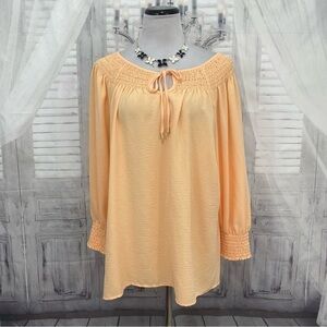 Calvin Klein Size 0X Peach Orange Top Blouse 3/4 Sleeve Pullover Ties Peasant